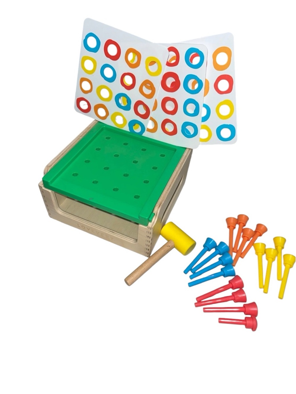 Lovevery Wooden Hammer Peg Toy - Green Board with Multicolor Pegs